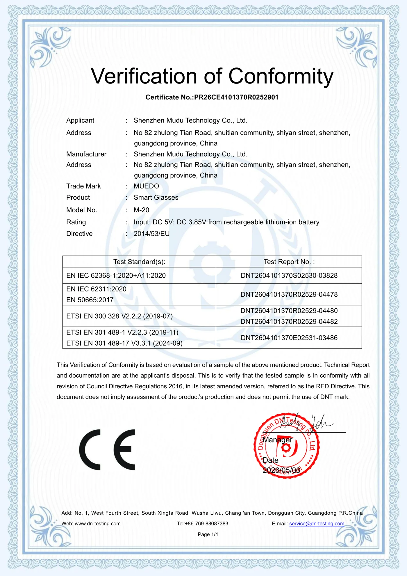CE RED Verification of Conformity, page 1