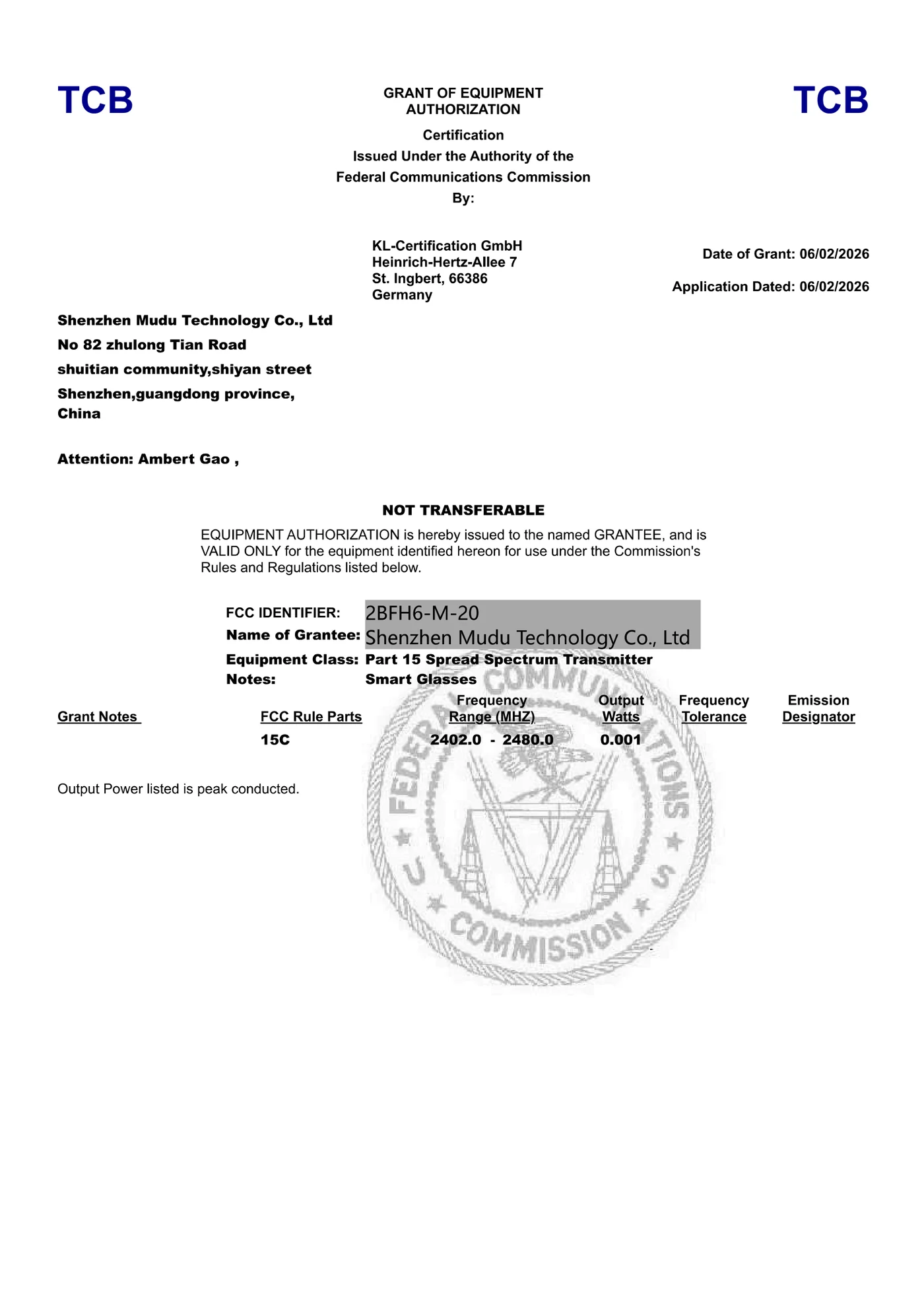 FCC Grant of Equipment Authorization — DSS, page 1