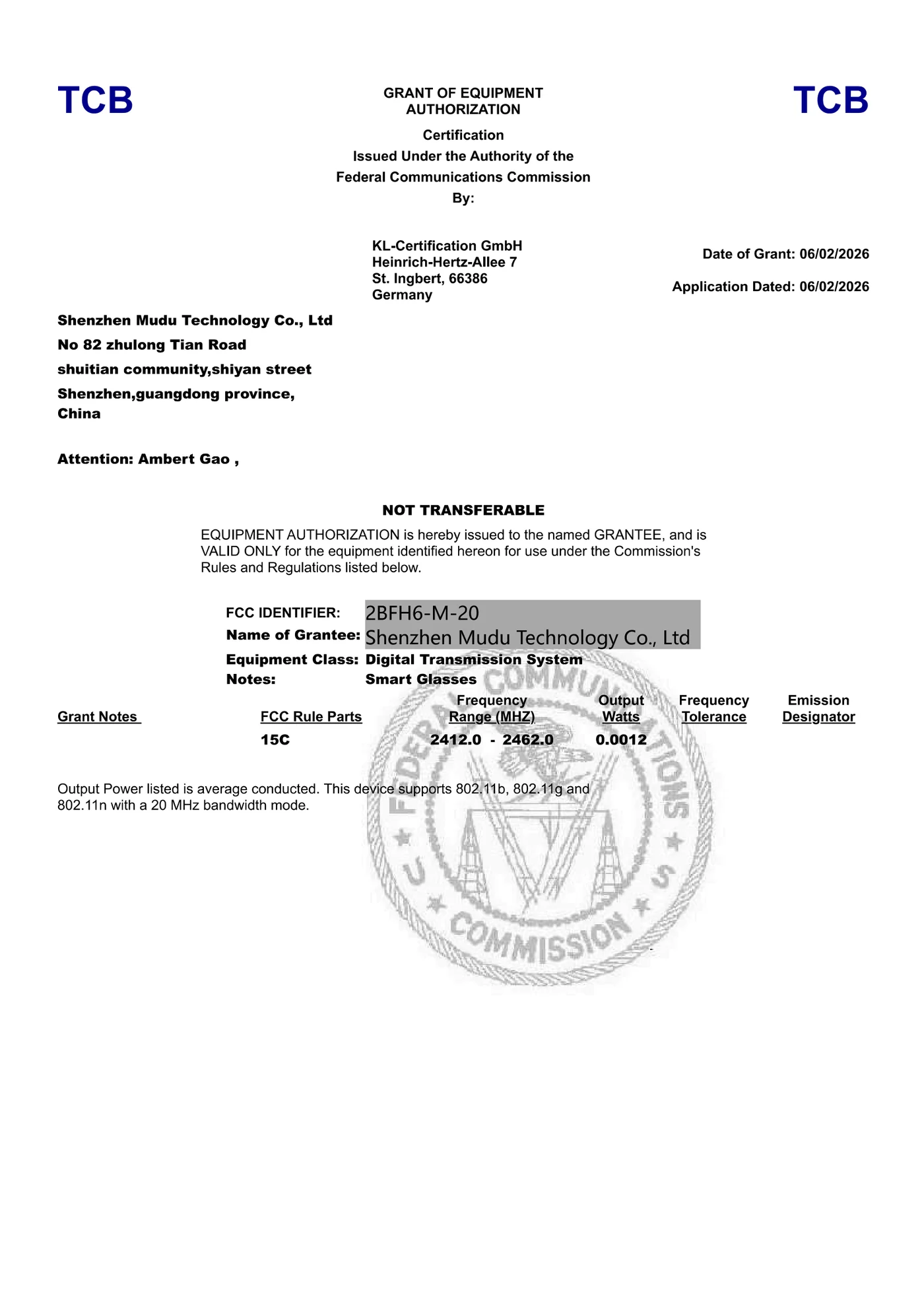 FCC Grant of Equipment Authorization — DTS, page 1