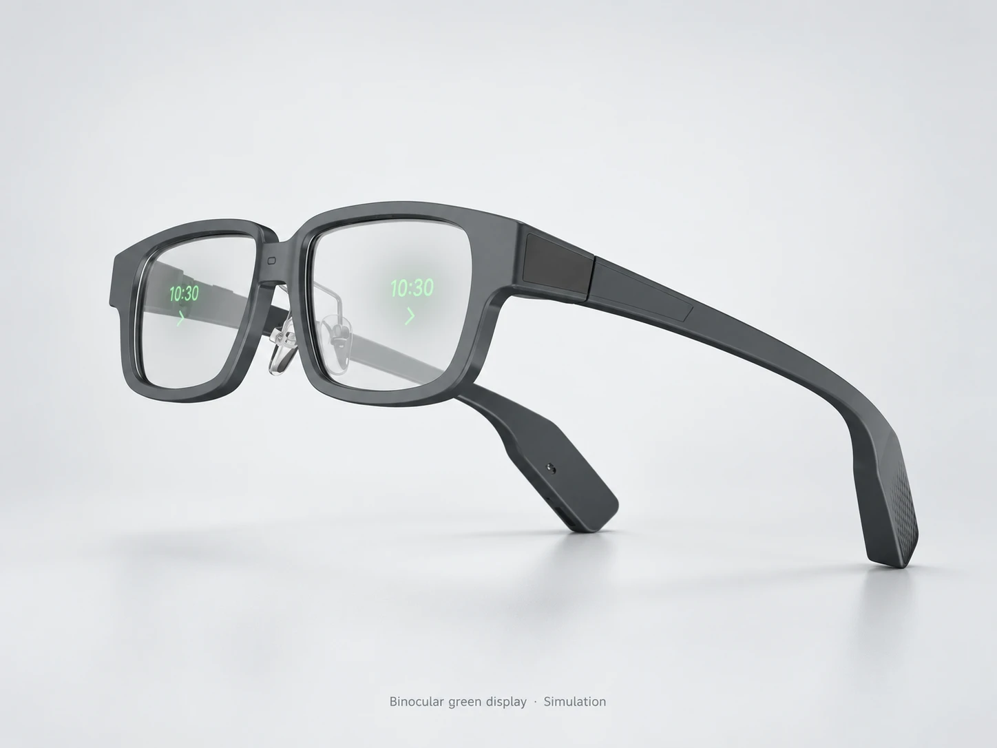 Cue One binocular green display simulation; no built-in speaker