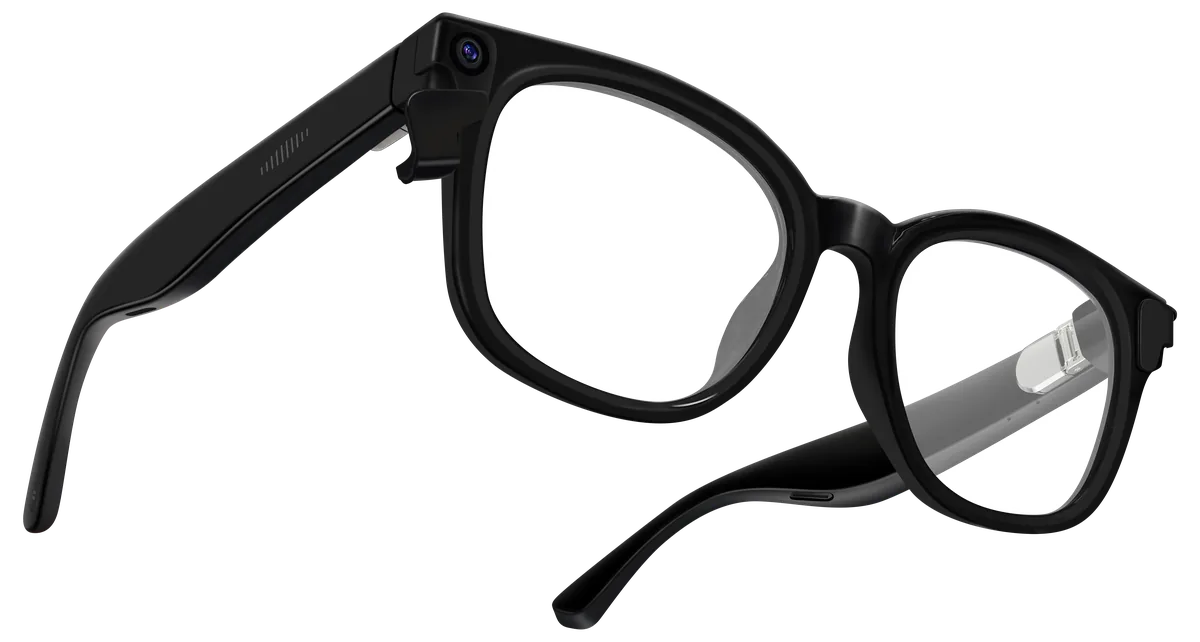 Scout One 8MP camera and audio glasses, three-quarter view
